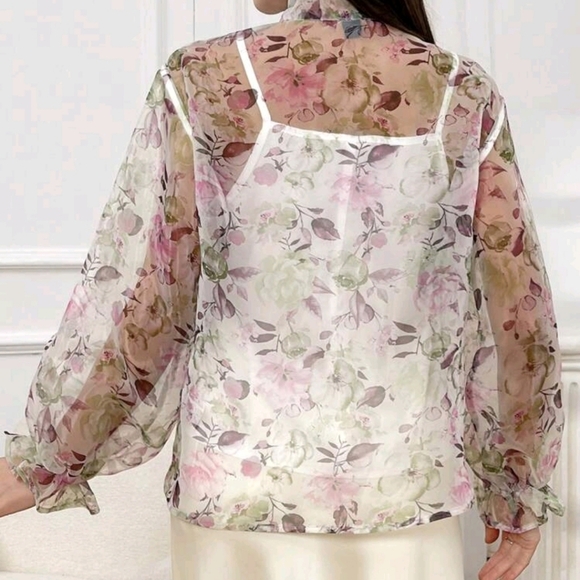 Ladies' Elegant Floral Print Tie Neckline Blouse For Spring And Autumn - Picture 2 of 5